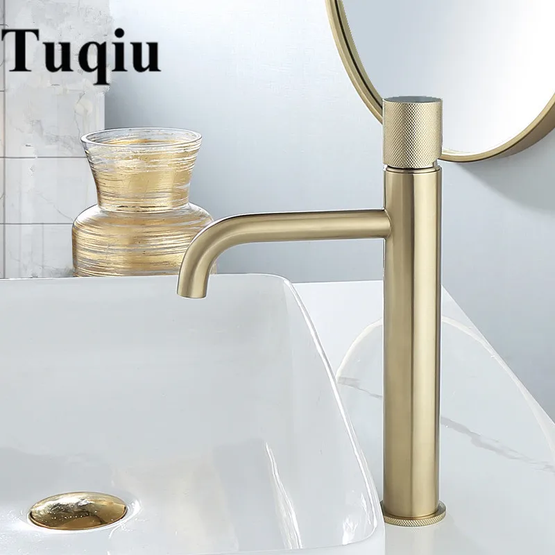 brushed gold tall Кран для раковины из розового золота, современный смеситель для раковины, латунный кран для раковины, кран с одной ручкой и одним отверстием для ванной комнаты - Цвет: brushed gold tall
