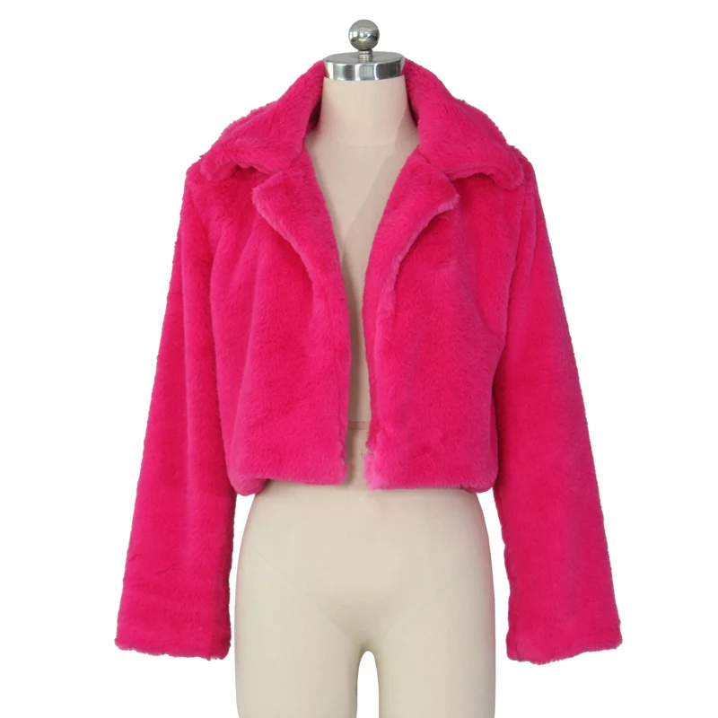 Rose Red Viifaa Rose Red Solid Open Front Fuzzy Crop Faux Fur Coat Women Winter Fashion Outerwear Fluffy Fake Fur Coats Jackets - Цвет: Rose Red