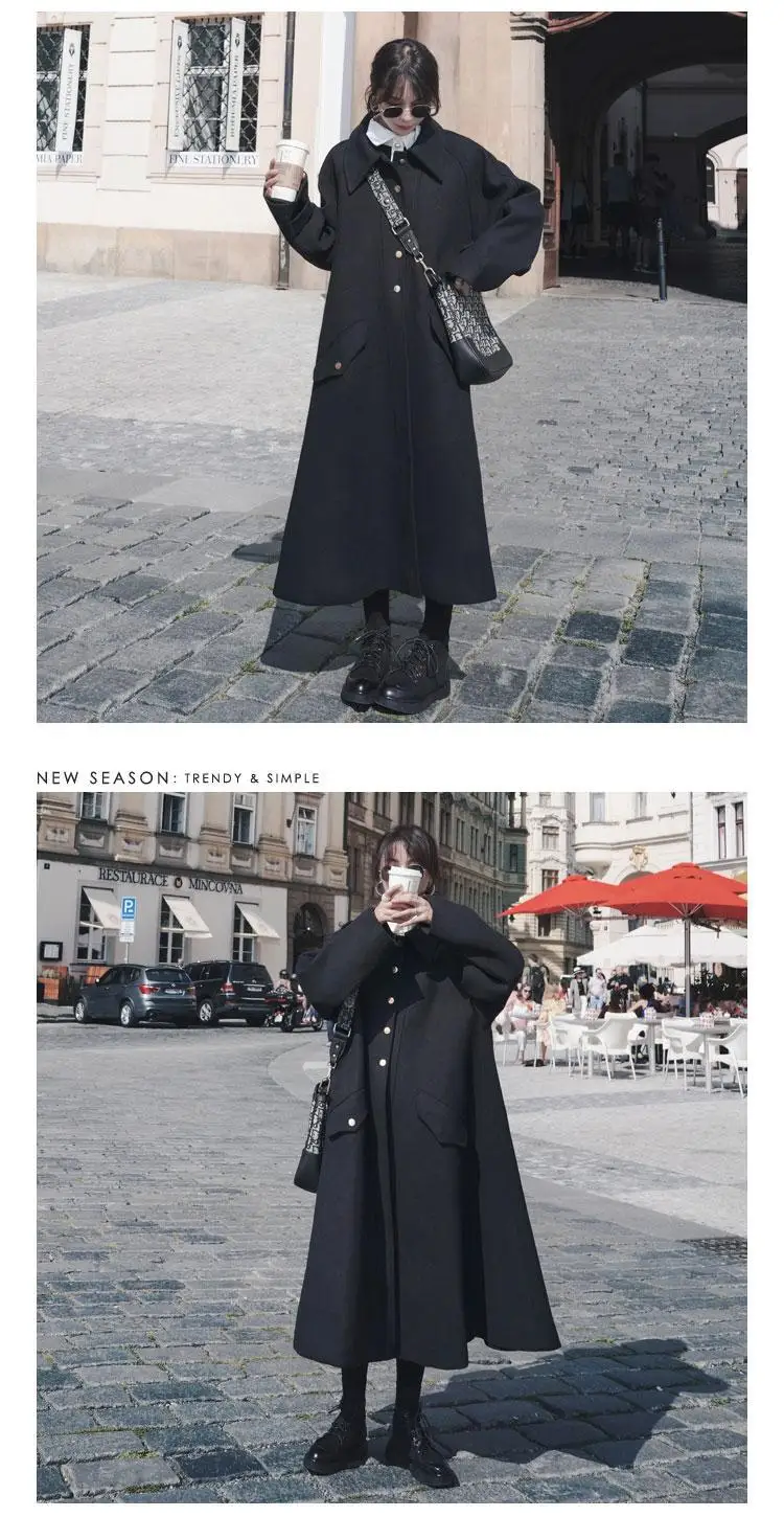 Photo Shoot Autumn& Winter New Style Korean-style Loose-Fit Hepburn-Style Black And White with Pattern Duffle Coat Long Ca
