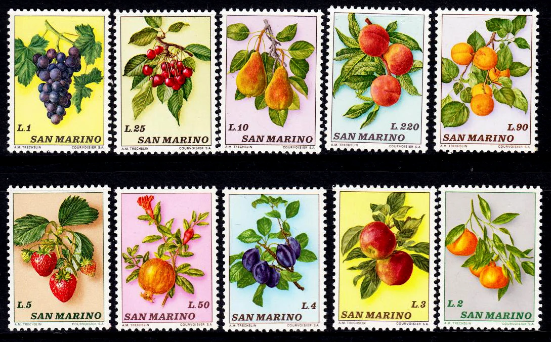 

10Pcs/Set New San Marino Post Stamp 1973 Fruit Grape Apple Stamps MNH