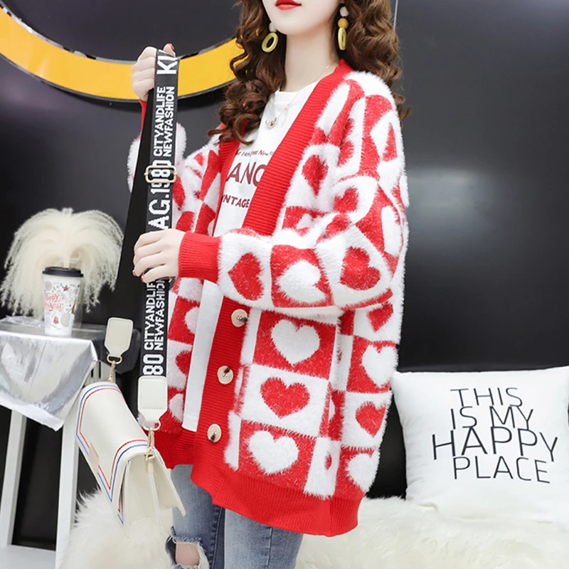 Зимний теплый свитер Кошка для женщин Кардиган большого размера более размер трикотажные куртки осенние модные кардиганы с v-образным вырезом