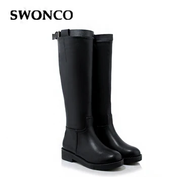 

SWONCO Flat Heel Really Leather Knight Boots Woman Winter Shoes Warm 2019 Black Slim Knee High Boots Shoes Female Casual Shoes