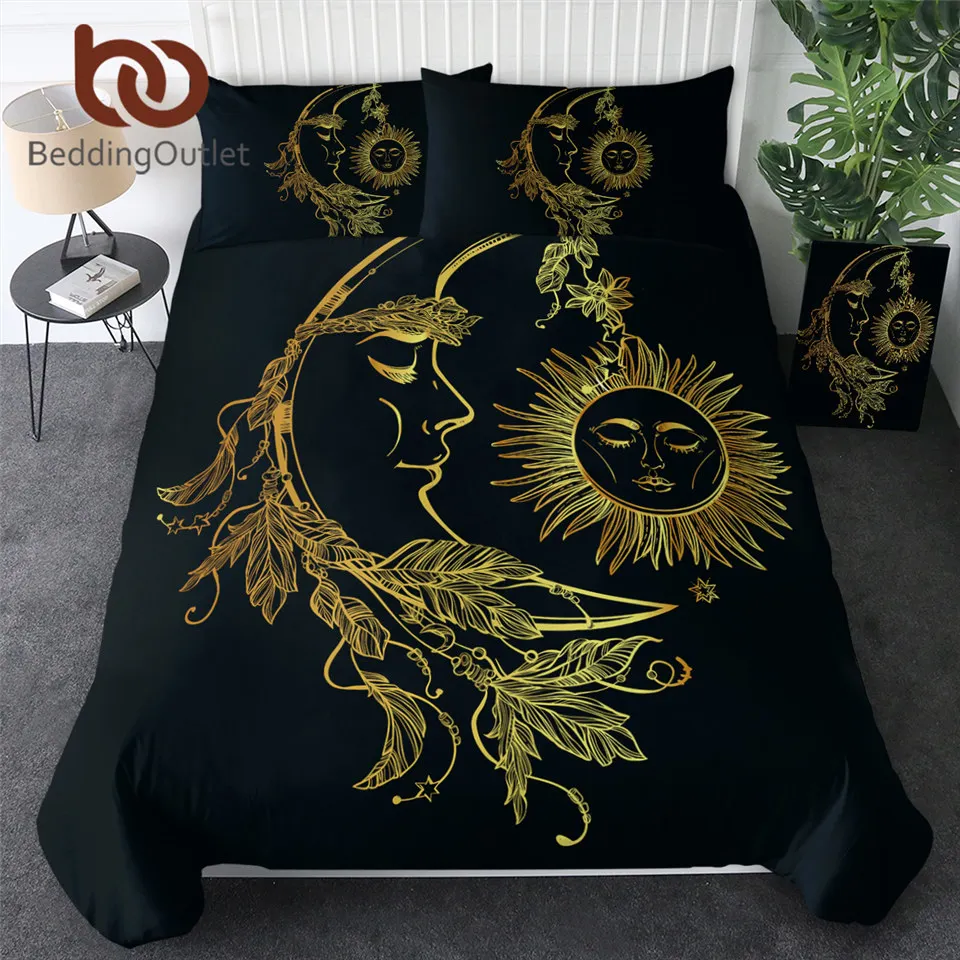 3 Pieces Gold Moon Accompanys Sun Duvet Cover With Pillowcase Black Dark Blue Bedding Set King Size Quilt Cover BeddingOutlet