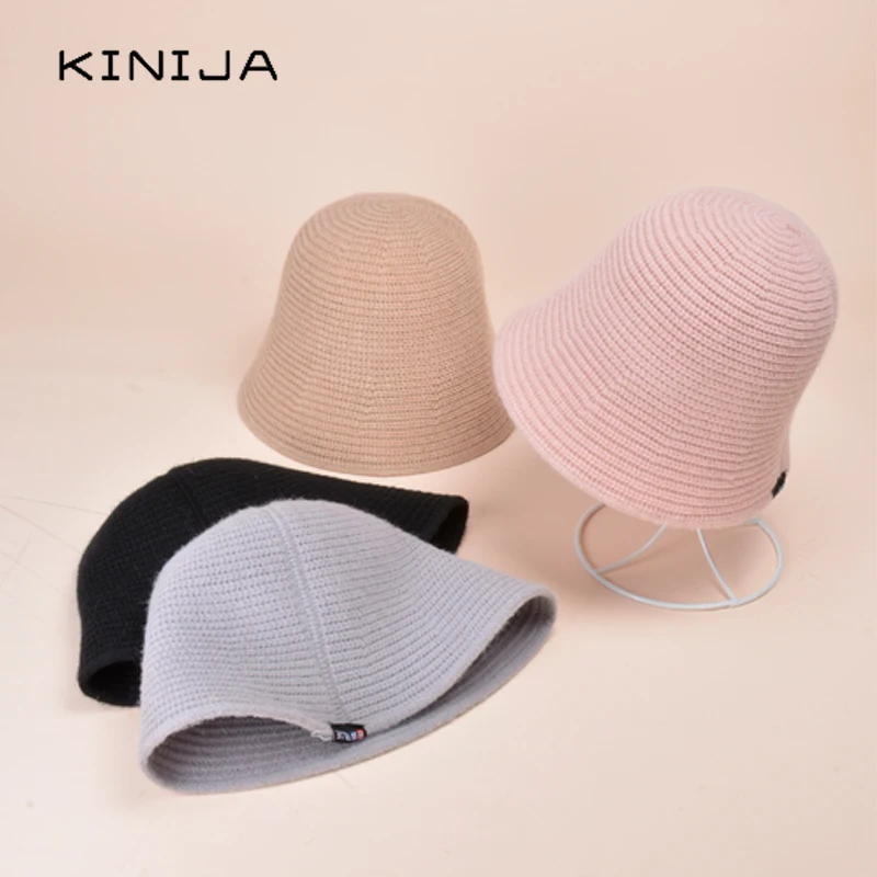 

autumn women knitted bucket hat femme Bell cap Korean casual wool basin hat winter unisex men fishing hat cylind hat bowler cap