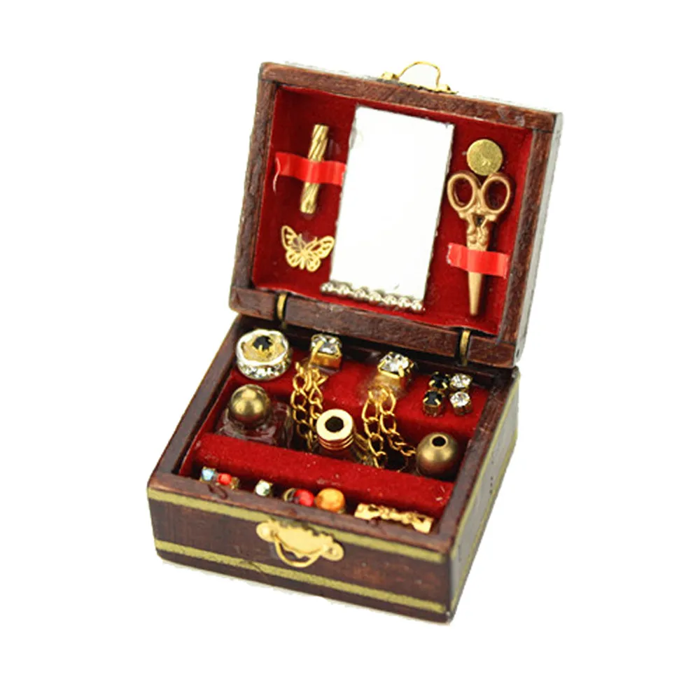 Accesorios para casa de muñecas en miniatura, Mini caja de joyería de madera rellena, juguete para niños, 1/12