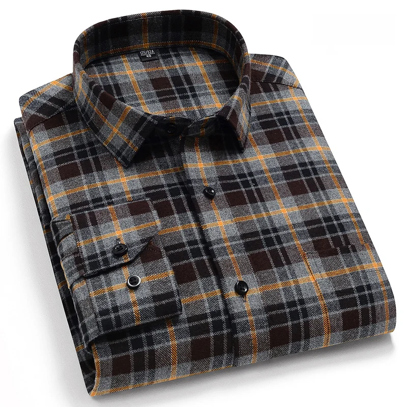Warm Shirts Fabric Plaid Regular-Fit Full-Sleeve Mens Casual Pure-Cotton Soft Brushed