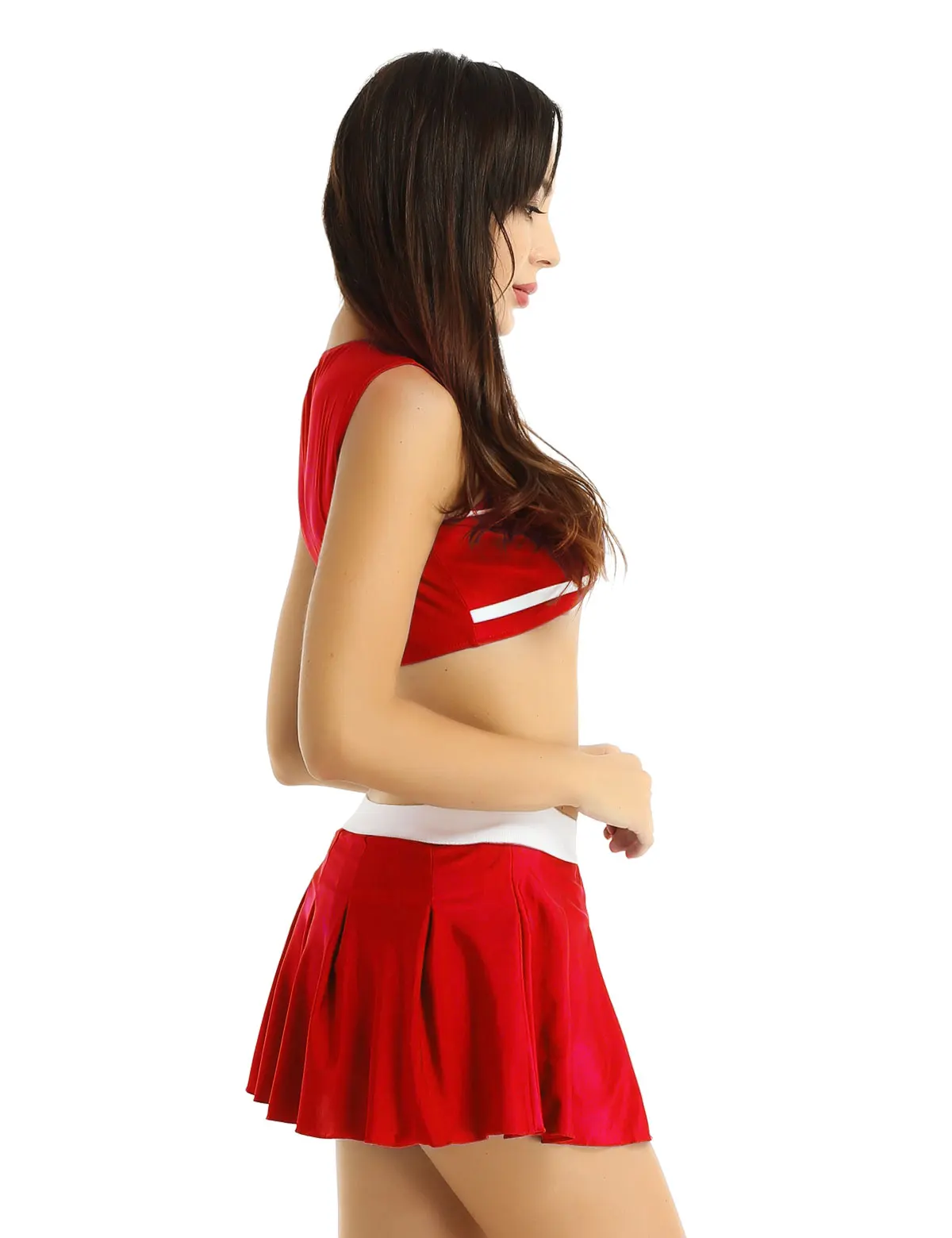2Pcs Women Adult Sexy Charming Cheerleader Costume Round Neck Sleeveless Printed Crop Top with Mini Pleated Skirt Stage Clothes