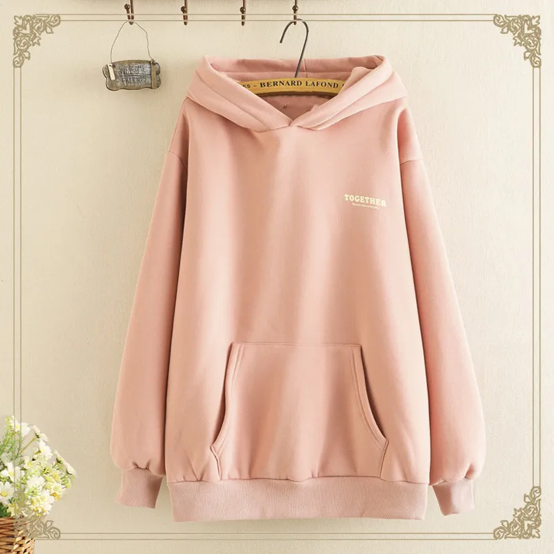 Pink Студенческая Осенняя толстовка с мультяшным принтом, Женская бархатная толстовка с капюшоном, Женский студенческий Свободный пуловер, топы, джемпер в консервативном стиле - Цвет: Pink