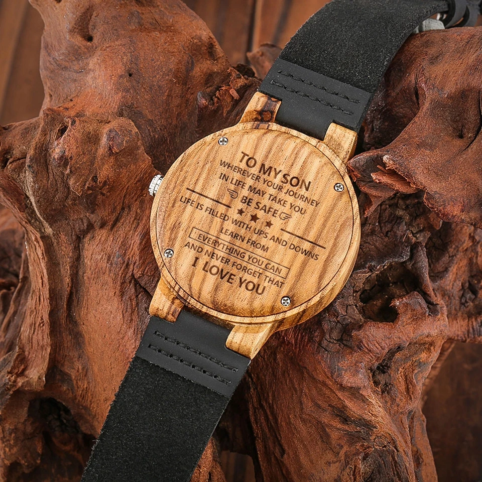 To My Son Men Engraved Wood Watch Quartz Leather Wristwatch Personalized Text Carving Male Casual Wooden Timepiece Family Gifts