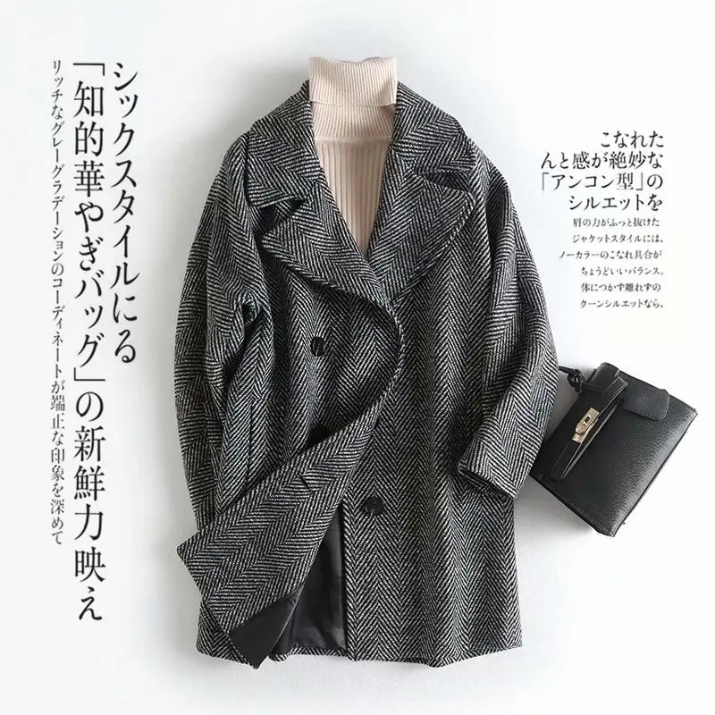 

One's Woolen Jacket Women's Short Thick Double Breasted Loose Casual Slimming Suit Overcoat Entity