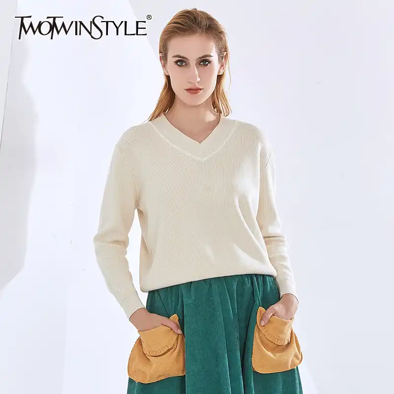 Twotwinstyleソリッド基本セーター女性vネック長袖ミニマリストカジュアルニットトップス女性のファッション新しい服 プルオーバー Aliexpress Twotwinstyleソリッド基本セーター女性vネック長袖ミニマリストカジュアルニットトップス女性のファッション新しい服 プルオーバー Aliexpress