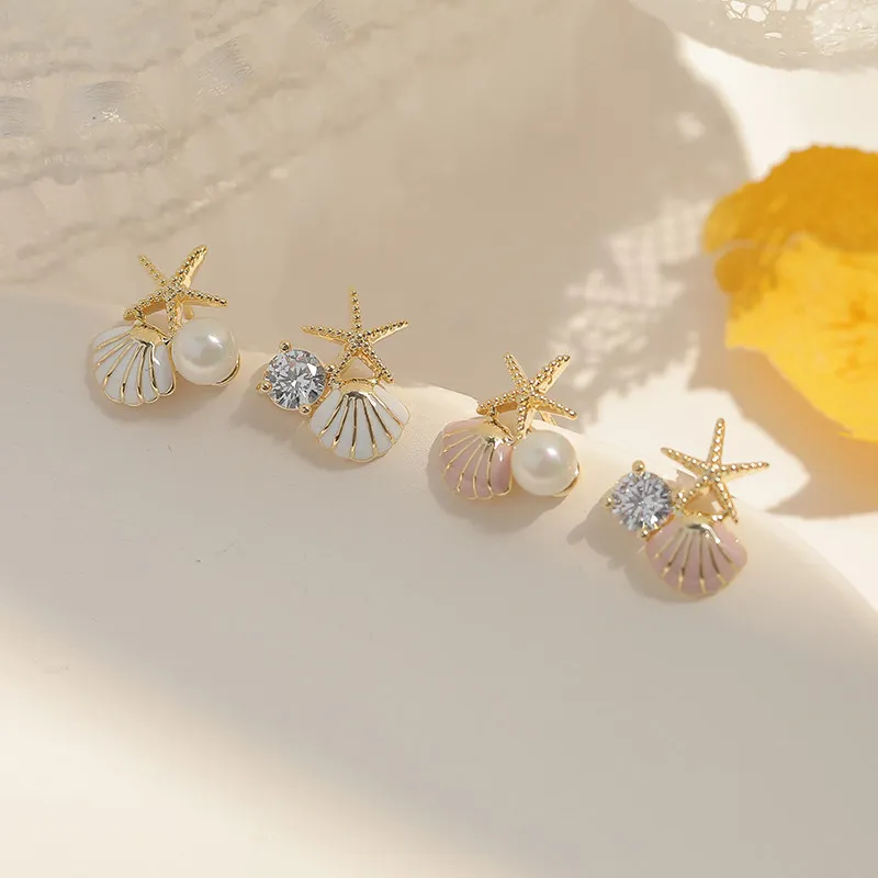 Starfish Shell Stud Earrings for Women Small Cute Imitation Pearl Earrings Banquet Wedding Jewelry