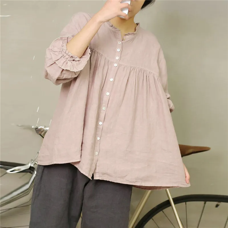 QPFJQD 2021 Japanese Linen Womens Blouses Summer Autumn Linen Single