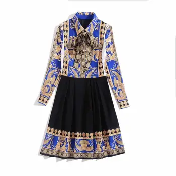 

European and American women's clothing 2019 winter new style Long sleeve lapel Fashion retro printed pleated dress