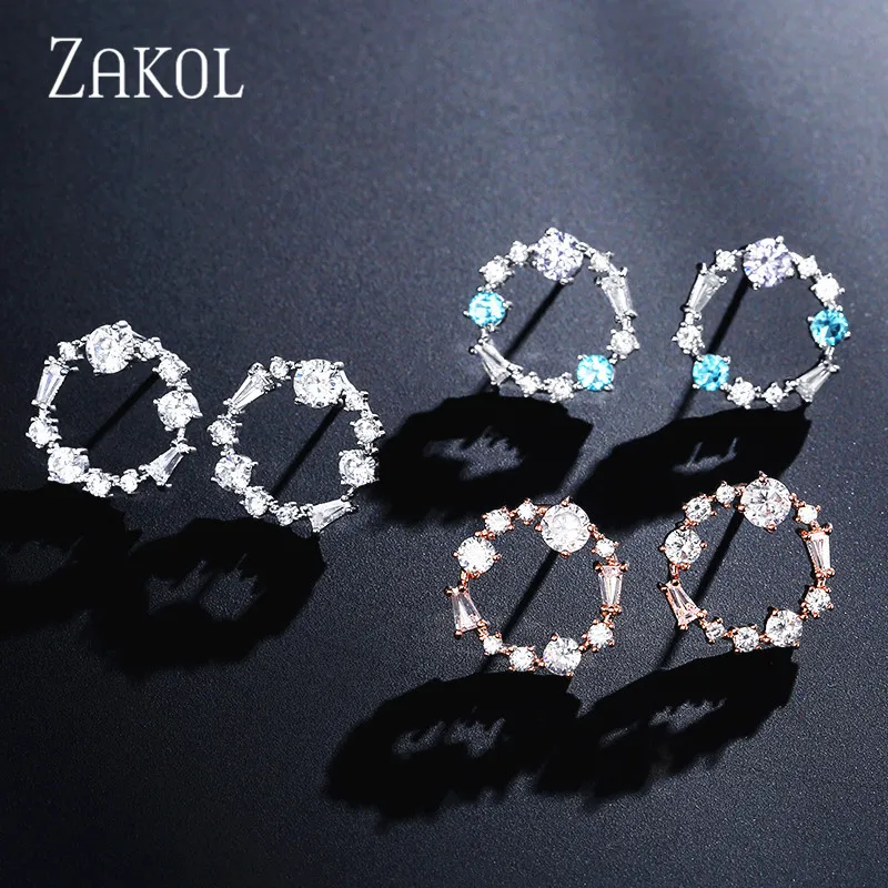 ZAKOL романтические синие и белые круглые серьги гвоздики с фианитом для женщин