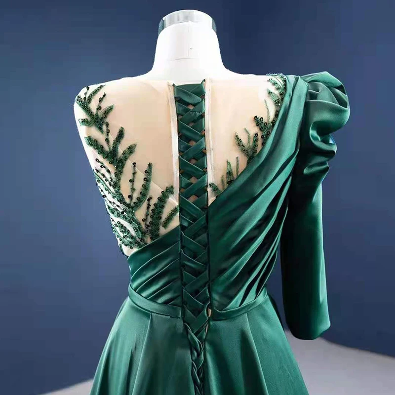 RSM67274 Simple Satin One-shoulder Half-sleeved Green Evening Dress 2021 Lace-up Back A-line Long Applique Banquet Gown 6