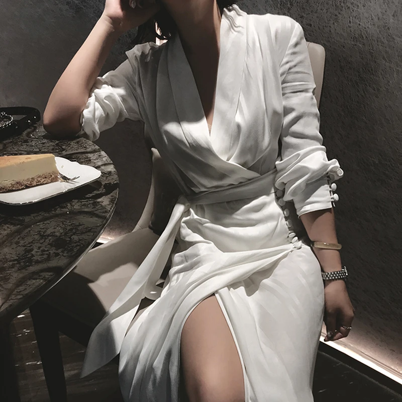 TWOTWINSTYLE White Striped Lace Up Dress For Women V Neck Long Sleeve High Waist A-line Dresses Female Autumn Fashion New