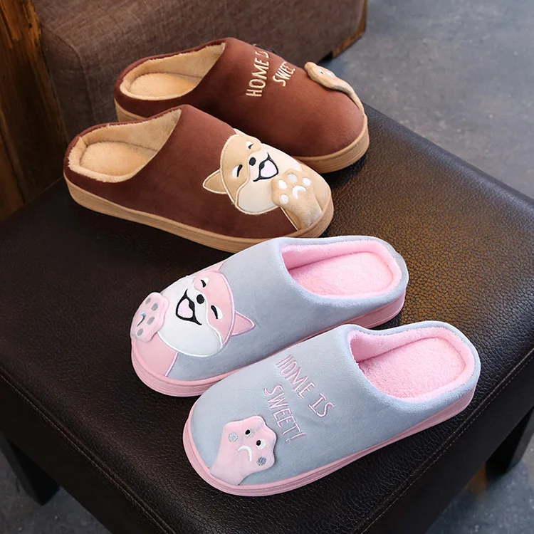 Cartoon Dog Women Winter Home Slippers Non-slip Soft Winter Warm House Slippers Indoor Bedroom Lovers Couples Floor Shoes