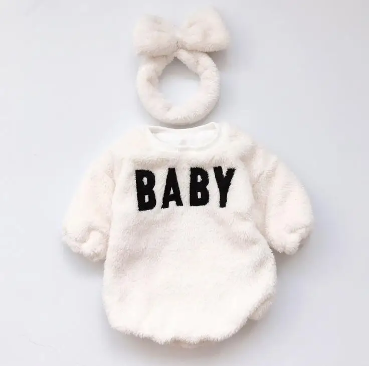 New Arrival Girls Fleece Romper Winter Autumn Baby Girls Jumpsuit With Headband Toddler Clothes 6-24m