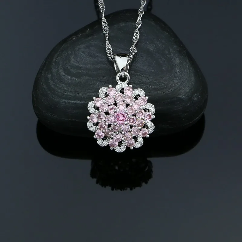 Серебро 925, Свадебные Ювелирные наборы для женщин, розовый кубический цирконий, белый кристалл, серьги, ожерелье, кулон, кольцо, набор