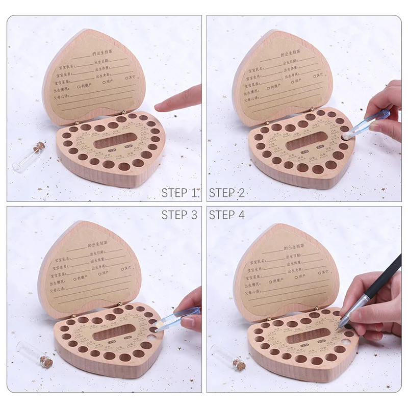 Simple love heart shaped tooth box girl boy child memory initial heart collection tooth box baby fetal hair storage box wooden