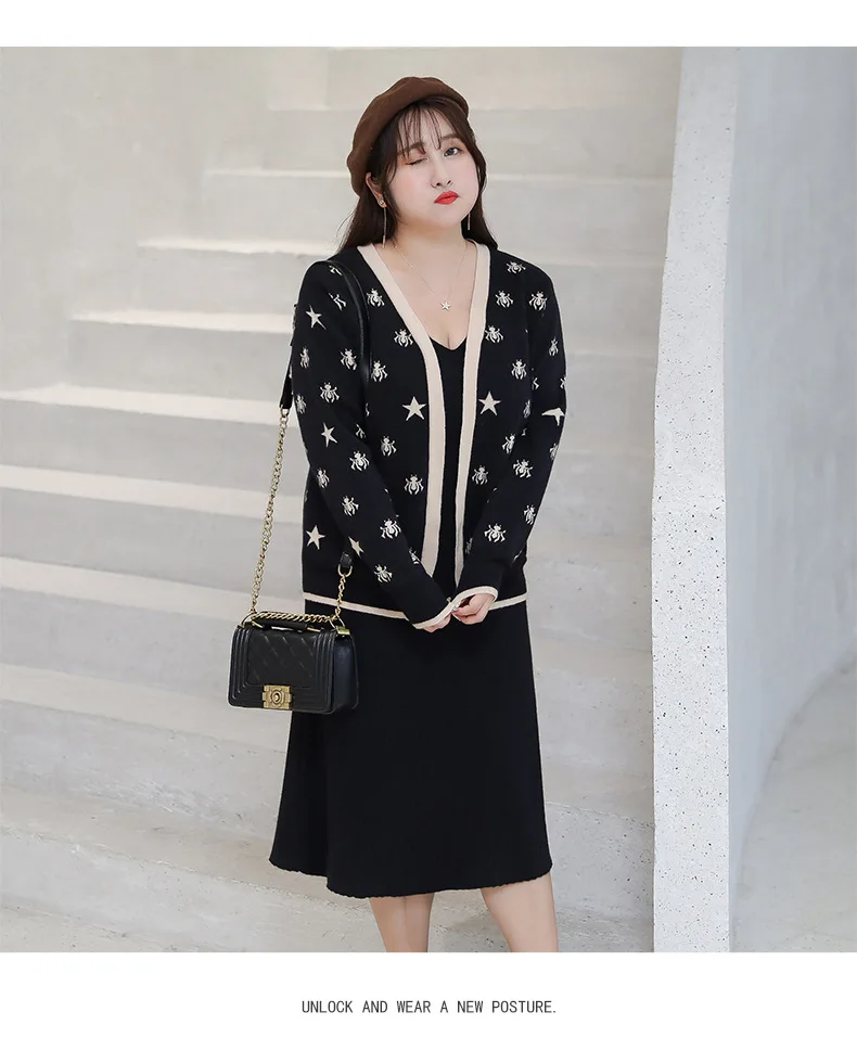 [Xuan chen] Fat Mm Korean-style Elasticity Knit Tank Dress Set Autumn New Style Slimming Western Style Two-Piece Set on Behalf o