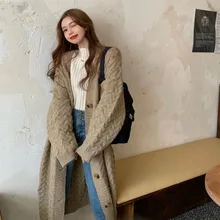 

Mid-length Sweater Women Loose Autumn Winter 2021 Korean Fashion Single Breasted Cardigan Solid Color Long Sleeve Casual