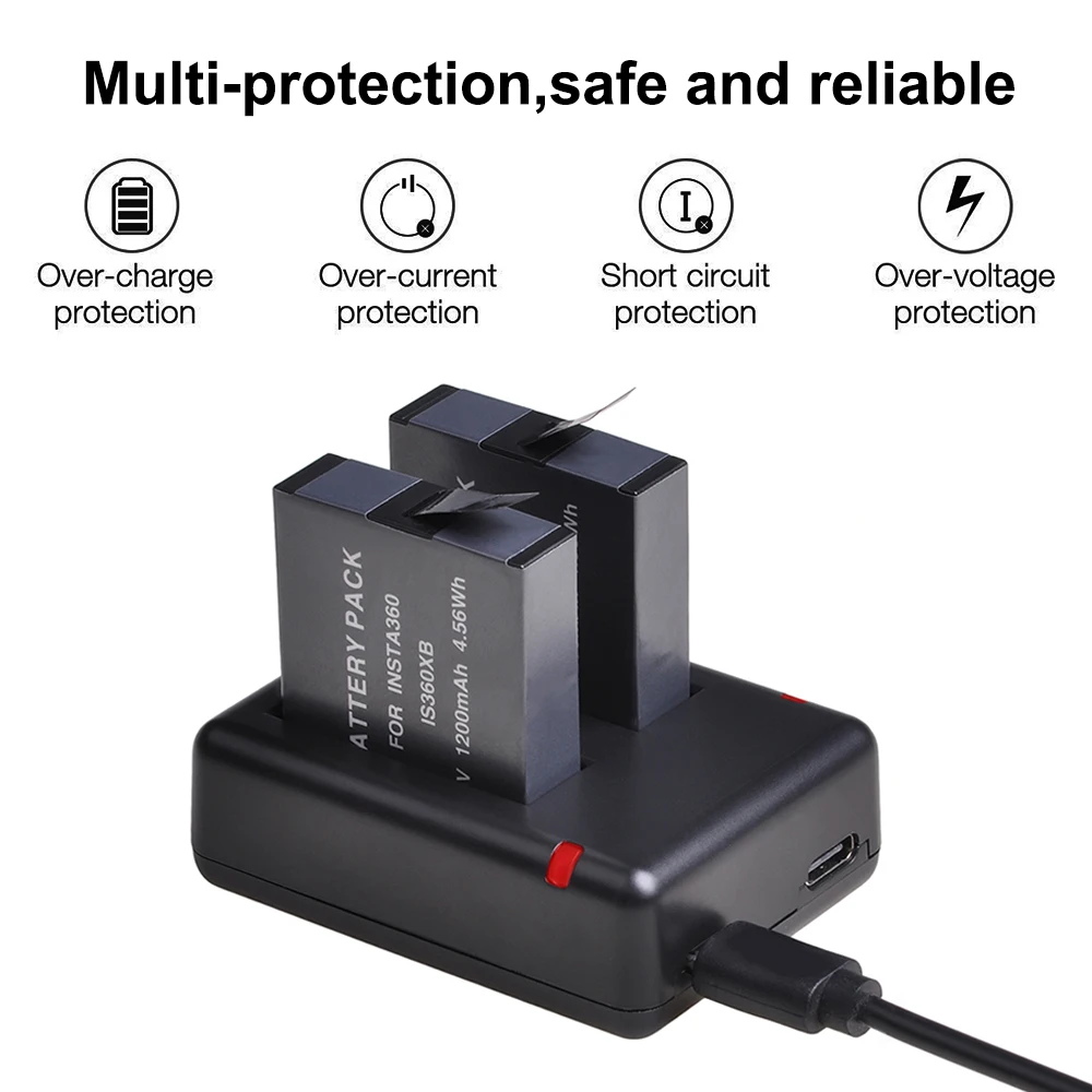 2 шт. один аккумулятор 1200 мАч+ двойное зарядное устройство USB с портом type C для аккумуляторов камеры Insta360 ONE X