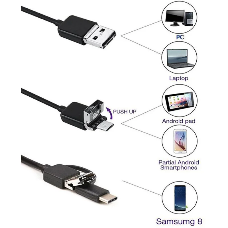 3 в 1 эндоскопе Камера 8 мм 720P USB мини Камера IP67 Водонепроницаемый 8 светодиодный эндоскопии Камера для Windows Macbook ПК с системой андроида