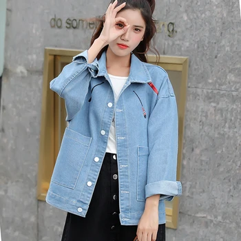 

2020 Spring And Autumn Women Denim Coat New Loose Embroidered Large Pocket Denim Jacket Women