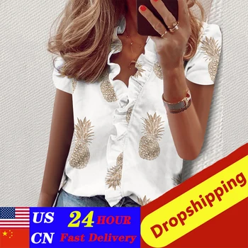 

Womens Tops And Blouse New Pineapple Print Blouse Women Summer Short Sleeve Blouse Shirt Ruffle V Neck Women's Blouses 3xl