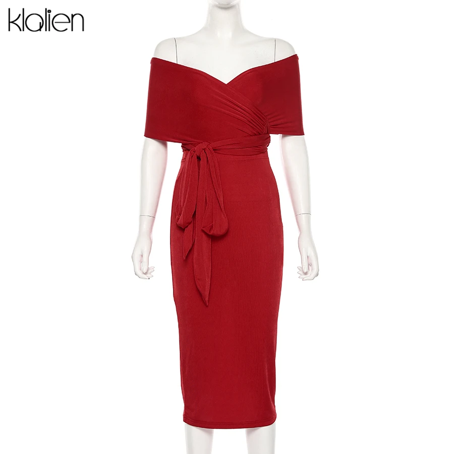 KLALIEN Autumn Elegant stretch Slim off shoulder midi Dress women fall winter Sexy club Party night Strapless bodycon Dress