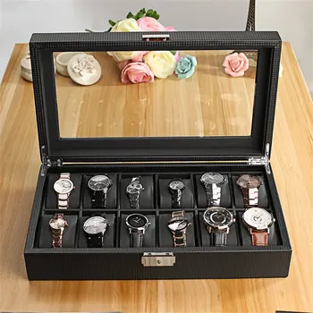 

High-Grade12 Slots Carbon Fiber Watch Box Black Watch Jewelry Display Watch Box Storage Holder