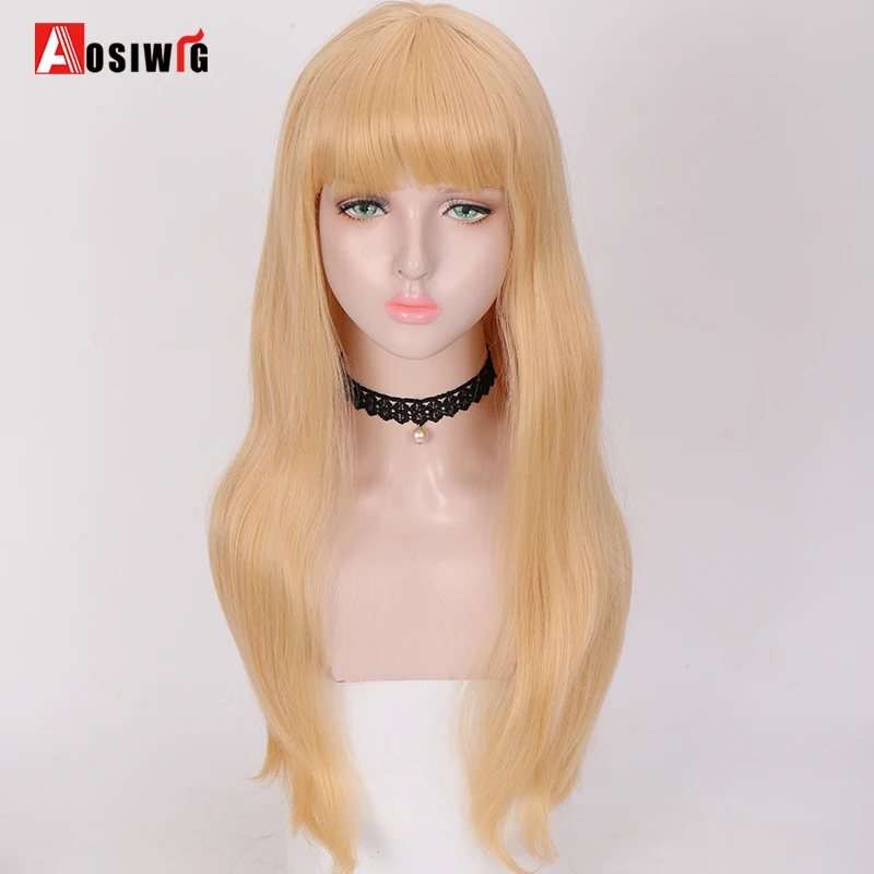 

AOSIWIG Natural Long Straight/Wavy Cosplay Brown Blonde Red Wigs With Bangs Heat Resistant Synthetic Female Wigs Fake Hair Party