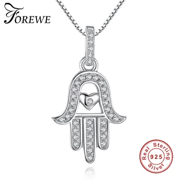 

Authentic 925 Sterling Silver Zircon Hamsa Hand of Fatima Necklace for Women Crystal Pendant Necklace Silver Chain Jewelry