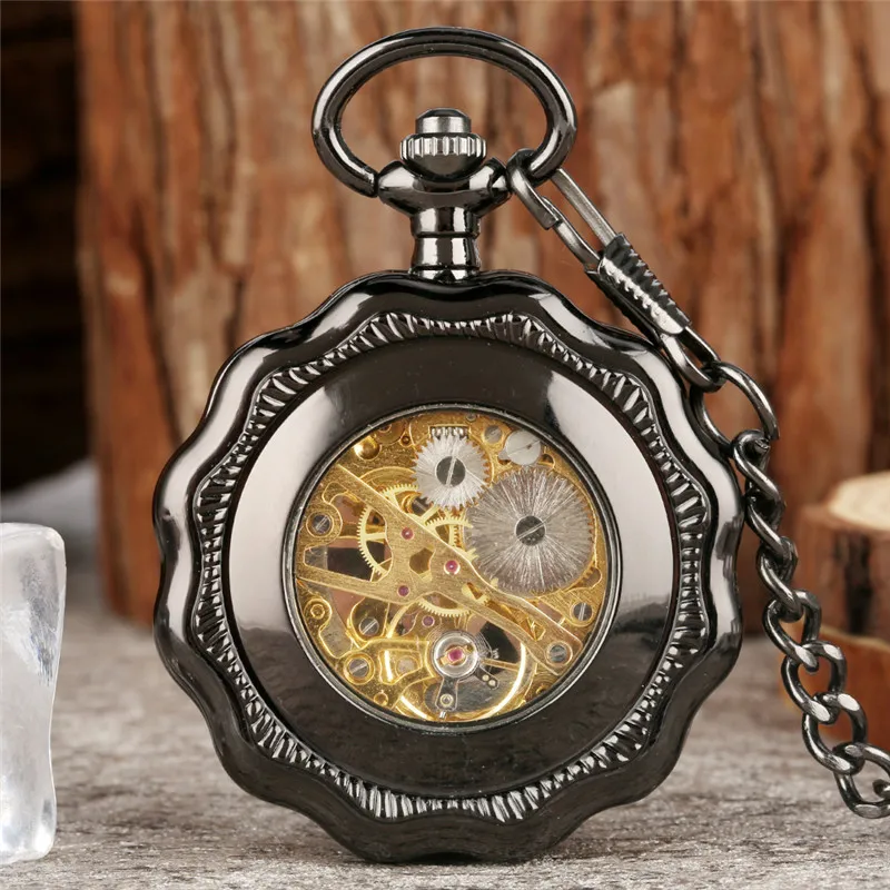 Antique Black/Luminous Dial Hollow Pumpkin Men Women Mechanical Hand Winding Pocket Watch Pendant Chain Gifts relgio de bolso