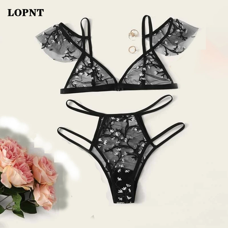 sexy underwear sets LOPNT Sexy underwear women set Floral Embroidery Sheer Mesh Lingerie Set no bra Backless Bralette sexi Intimates lace bra set sexy bra set