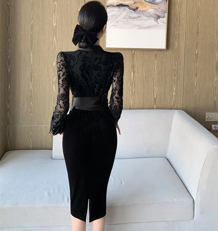 Abito elegante Vintage con scollo a v da ufficio 2022 moda donna primavera  velluto cuciture fiocco allacciato abiti aderenti da lavoro abiti|Dresses|  - AliExpress