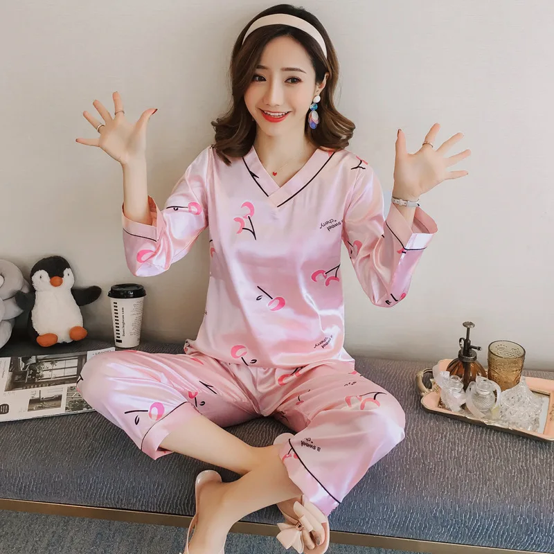 Spring and Autumn New Style Imitated Silk Pajamas Women's Casual V-neck Long Sleeve Tracksuit Home Clothes Printing Pajamas