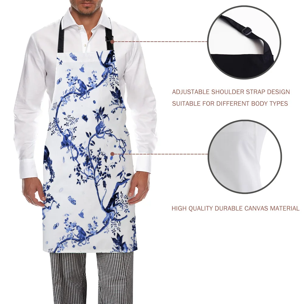 Chinese Style Monkey World Jouy Adjustable Apron Cooking Kitchen Restaurant Bar Chef Bib Unisex Canvas Aprons for Women Men Kids
