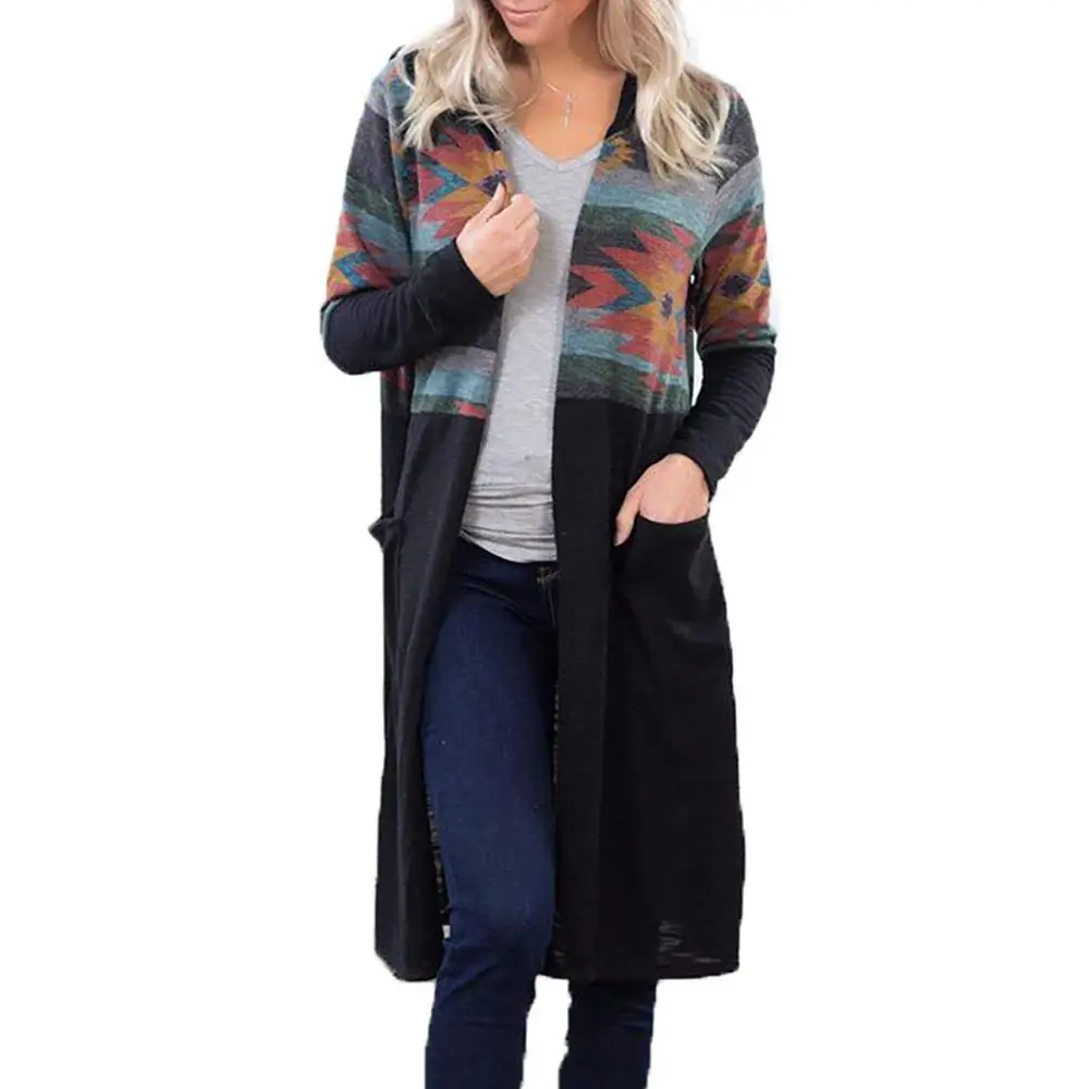 SanHuaZ 2019 Winter Autumn Women's Sweaters Tops Casual Hooded Long Sleeve Pockets Print Cardigans Women Knitted |