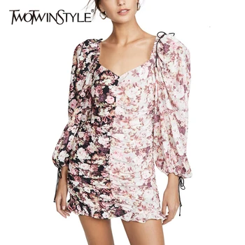 

TWOTWINSTYLE Patchwork Print Hit Color Dresses Female Square Collar Lantern Long Sleeve High Waist Ruched Dress Female 2020 Tide