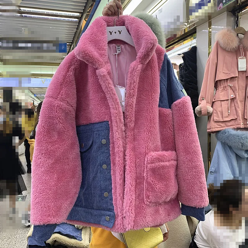 

2019 Autumn Winter New Lapel-collar Faux-fur Coat Women's Loose Thicken Lamb Wool Cotton-padded Jacket Girls Warm Jackets Femme