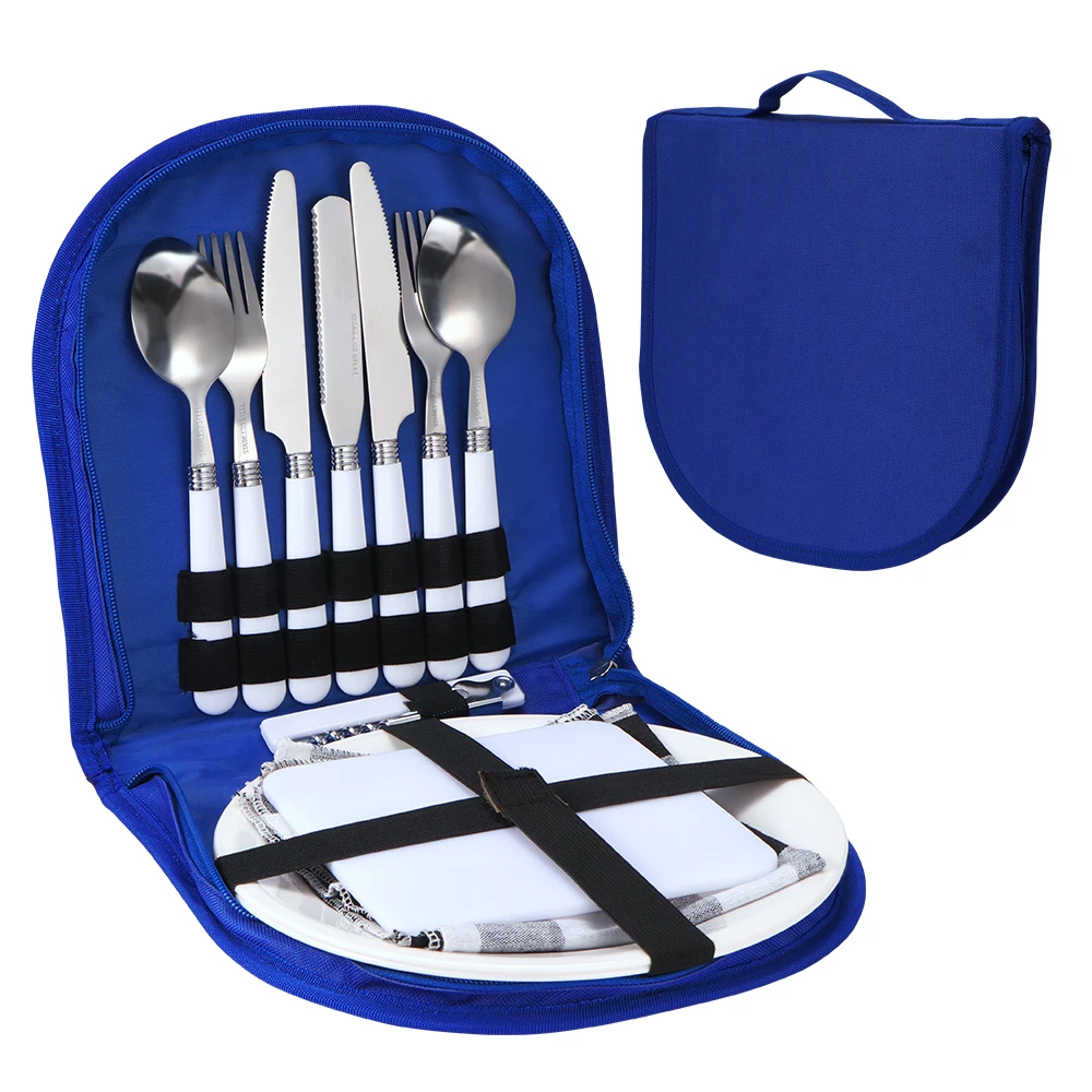 Online Camping Besteck Kit Edelstahl Platte Löffel Wein Opener Gabel Serviette Outdoor Picknick Küche BBQ Reise Utensil Picknick Set