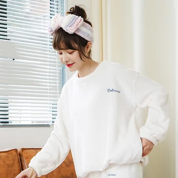 

Embroidery Flannel Women's Pullover Pyjamas Sets Sleepwear Home Clothing Thick Warm Coral Velvet Female Nightgown Suit Pijama