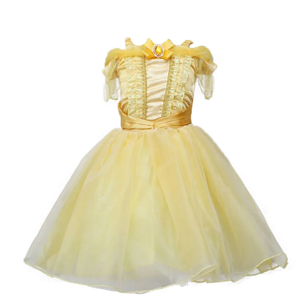 Костюм принцессы красавицы и чудовища для девочек на День рождения; Детские эластичные желтые кружевные вечерние платья из хлопка; бальное платье-пачка