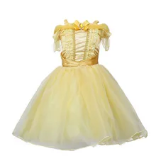 Костюм принцессы красавицы и чудовища для девочек на День рождения; Детские эластичные желтые кружевные вечерние платья из хлопка; бальное платье-пачка