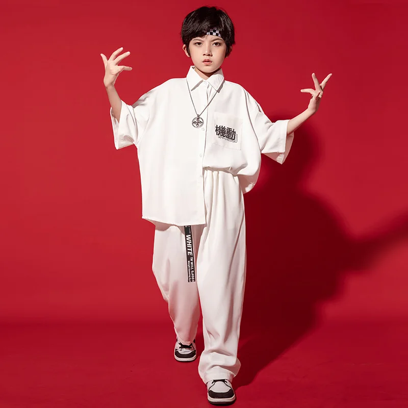 Kid Kpop Hip Hop Clothing White Oversized Shirt Top Short Sleeve Loose Streetwear Baggy Pants for Girl Boy Dance Costume Clothes