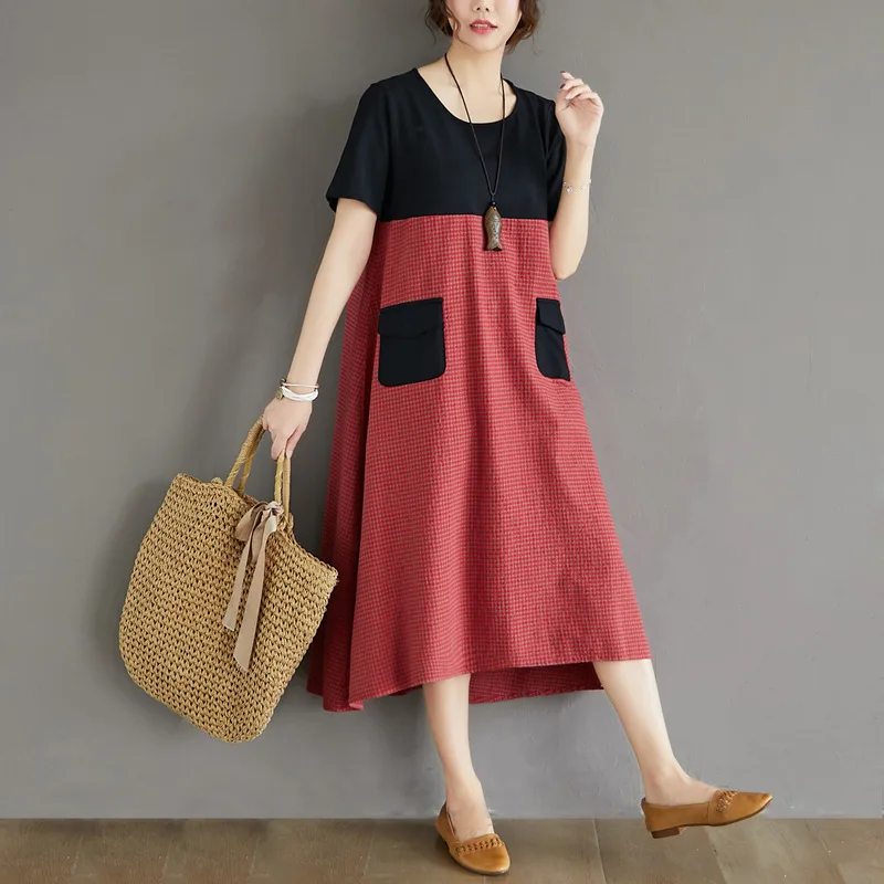 Women Cotton Linen Shirt Dress Summer Plus Size Short Sleeve Color Block Casual Art Loose Midi Robe Tunic Vestidos Kaftan | Женская