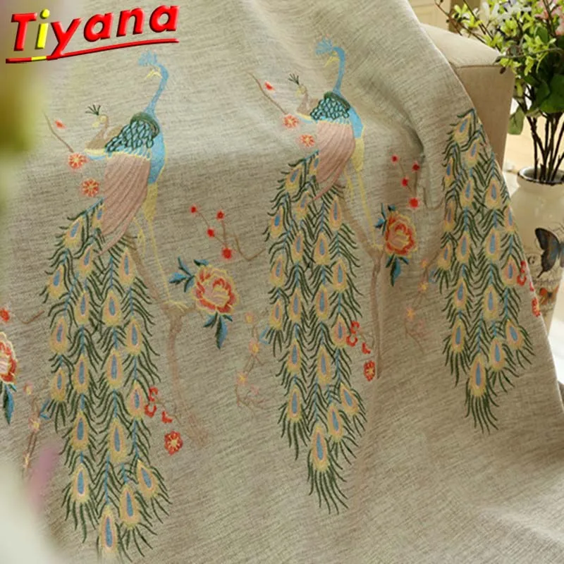 Luxurious Classcial Peacocks Embroidered Linen Curtains For Living